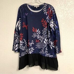 Jess Jane Top Women M Boho Floral Butterfly Long Sleeve Tunic Chiffon Trim Artsy